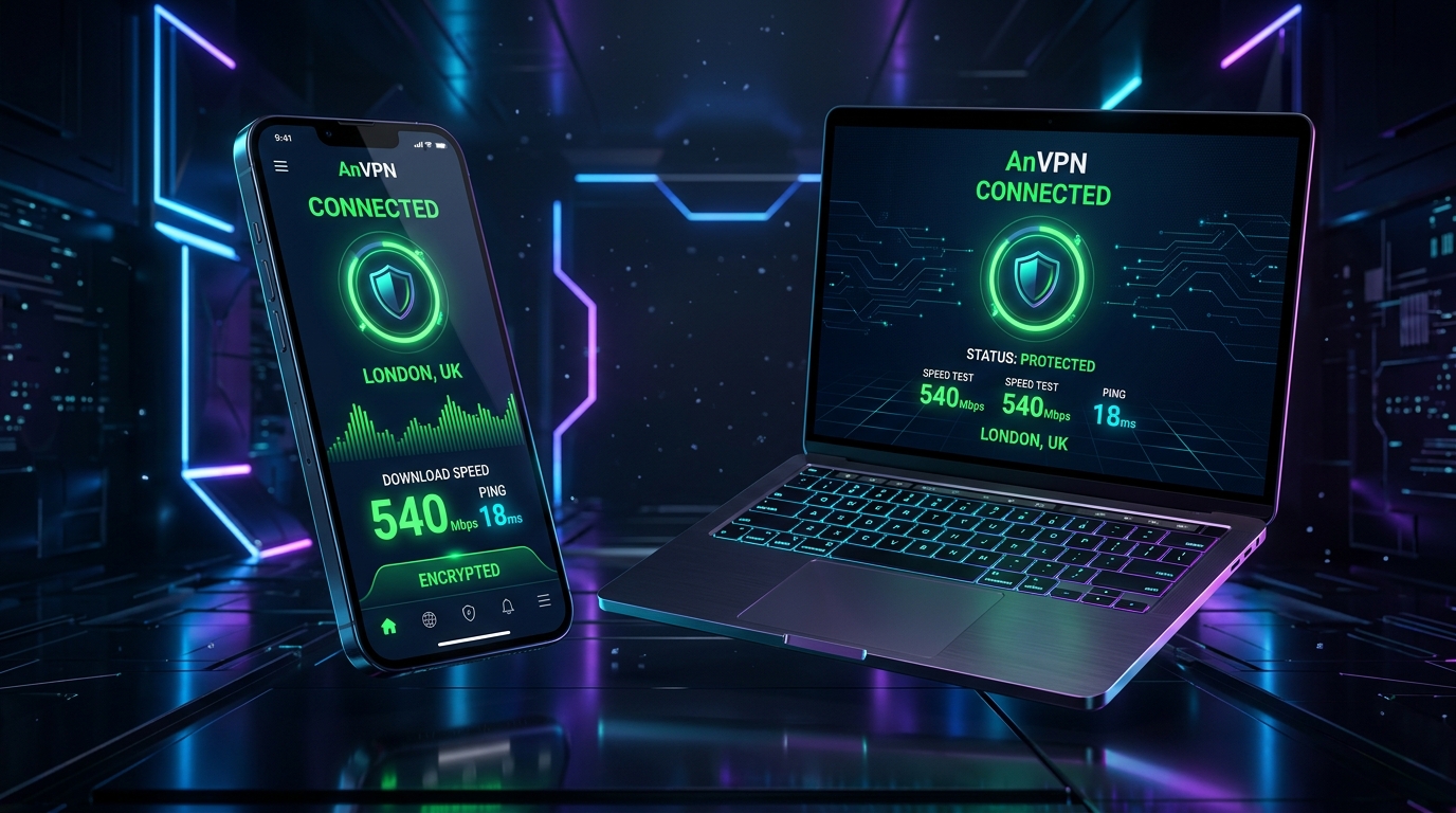 AnVPN Connected on iPhone and Laptop Mockup
